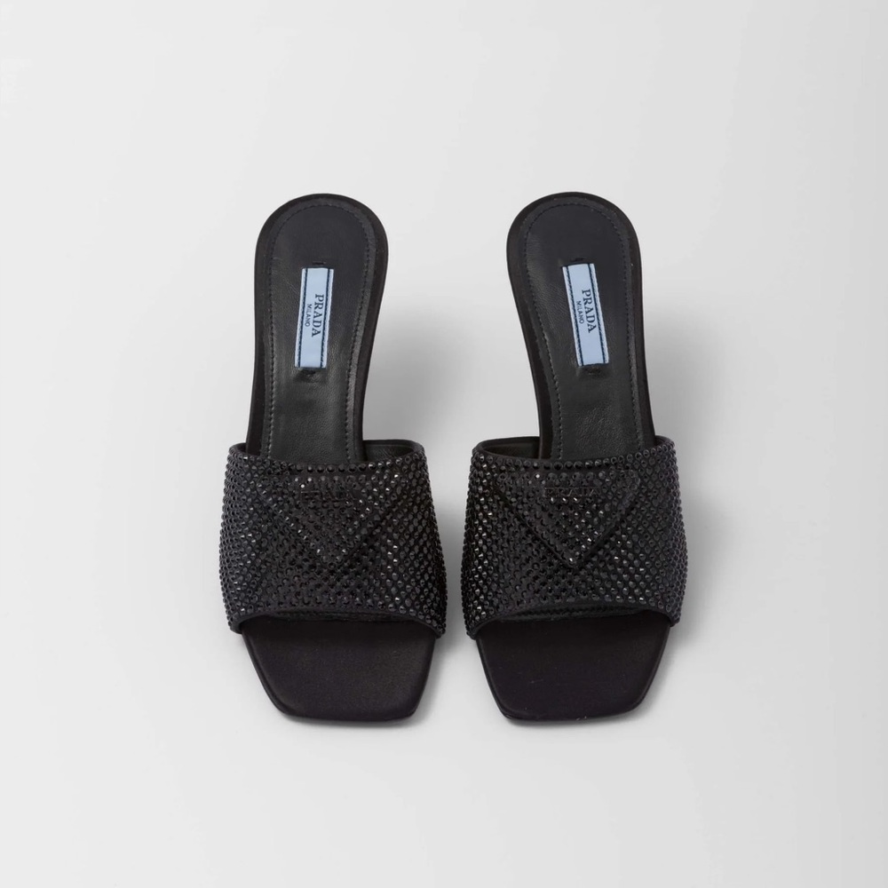 EUC PRADA Crystal Logo Kitten-Heel Slide Sandals $1,350 37